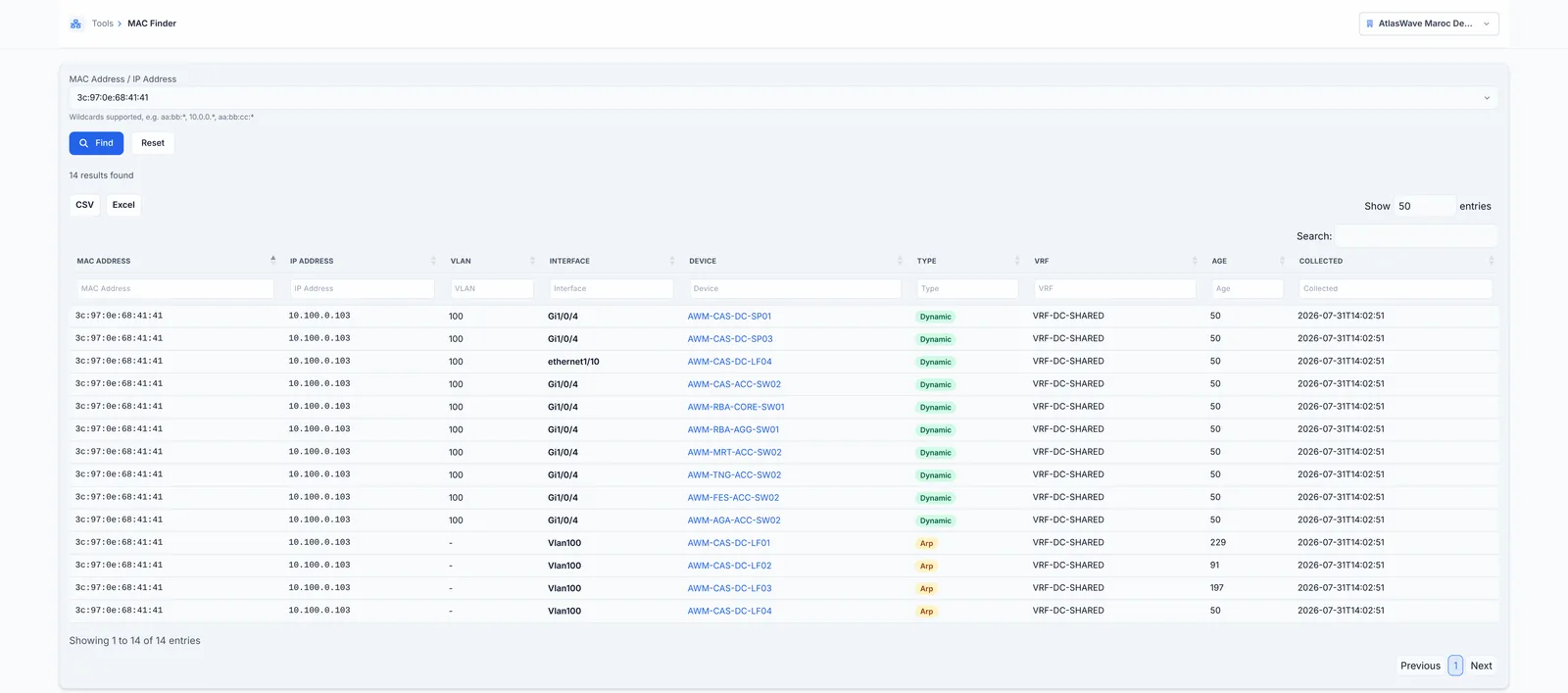 MAC address search: the ports and the devices that see it