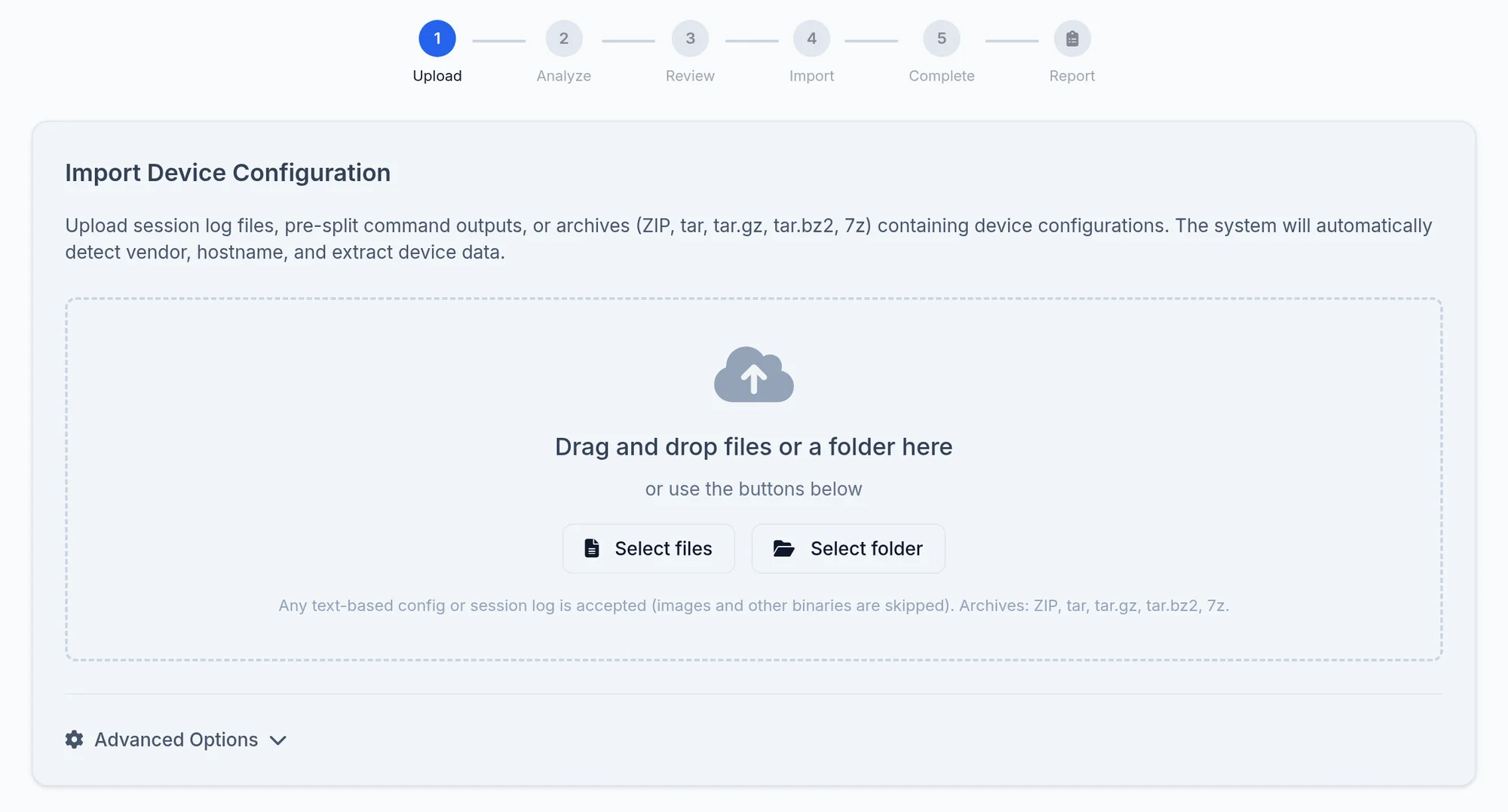 The Config Import page.