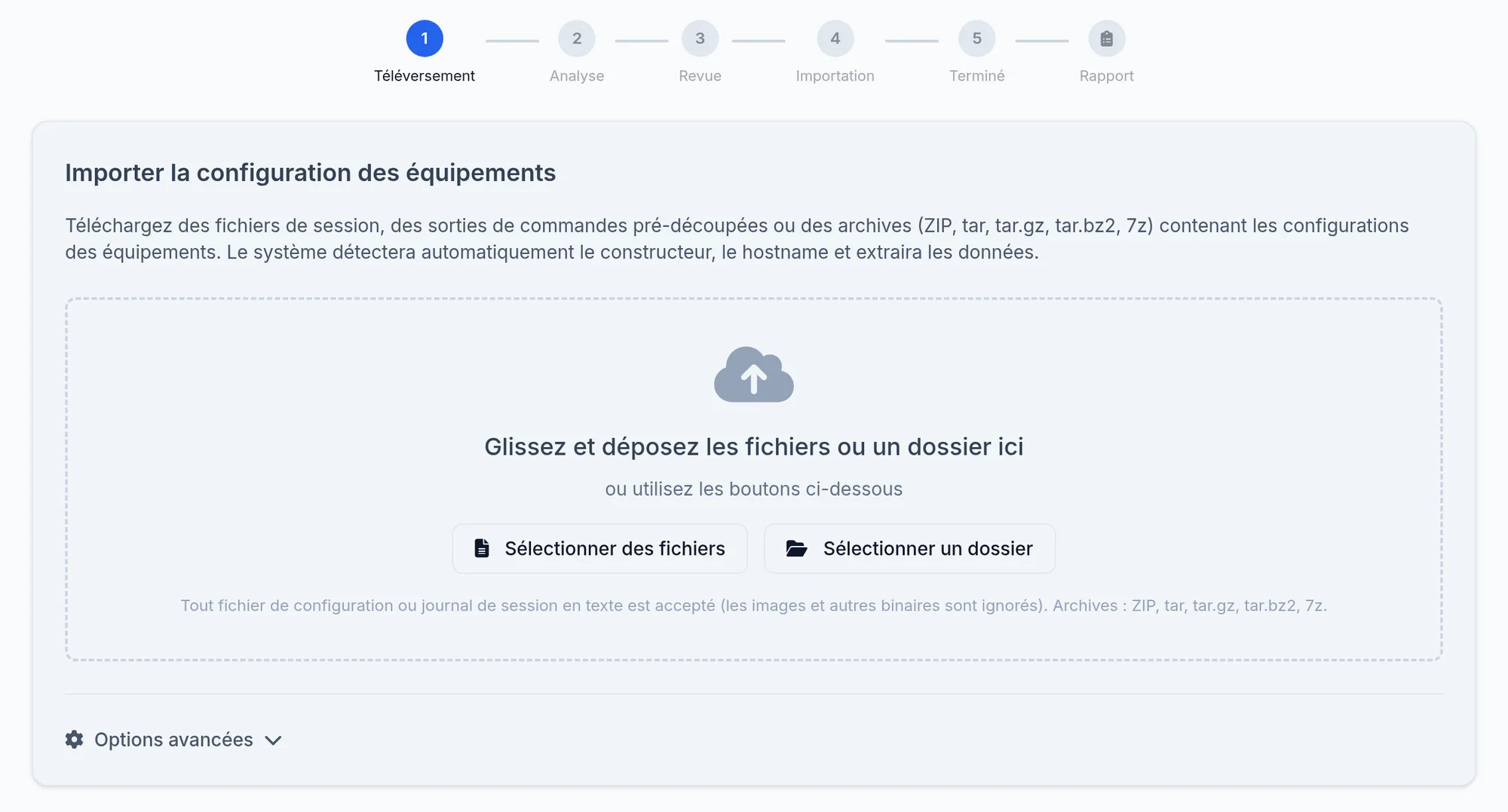 La page Importation de config.