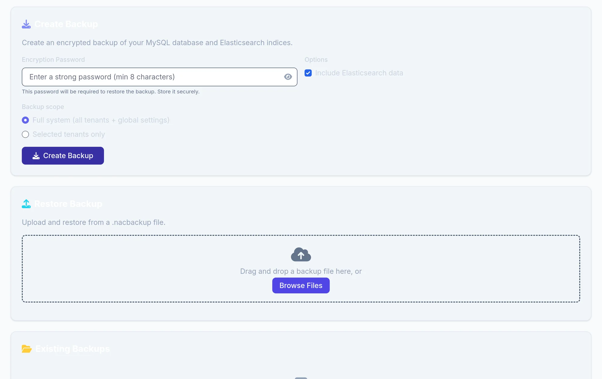 The Backup and Restore page.