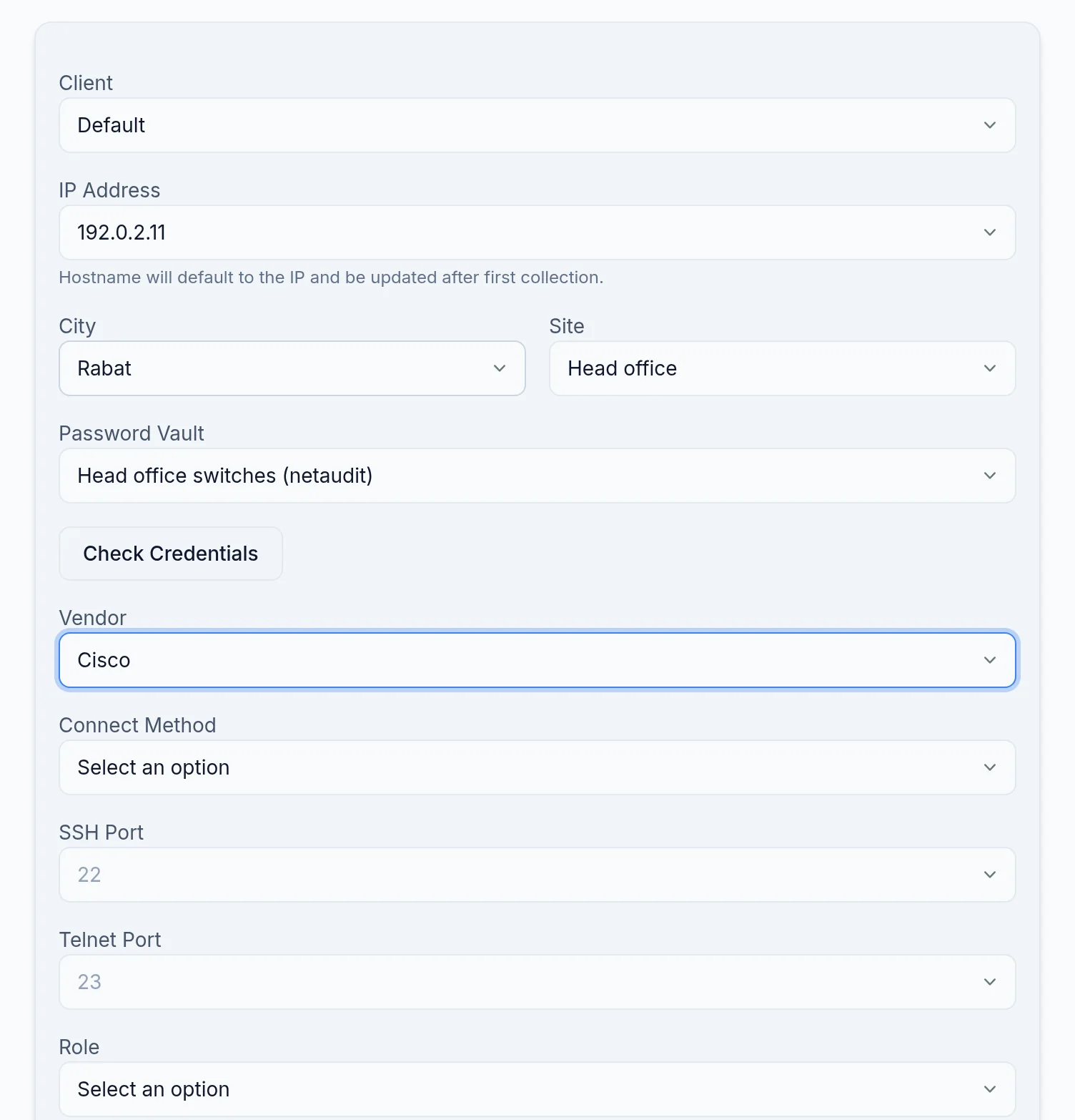 The Add New Device form: an example IP address and a vault credential.