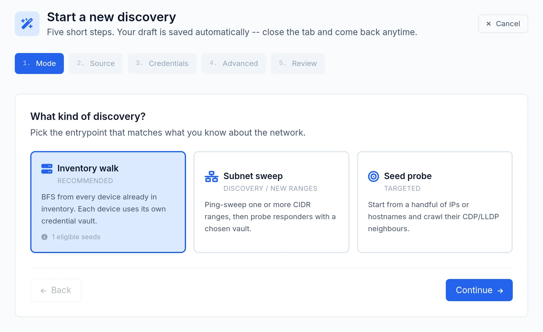 The Start a new discovery wizard.