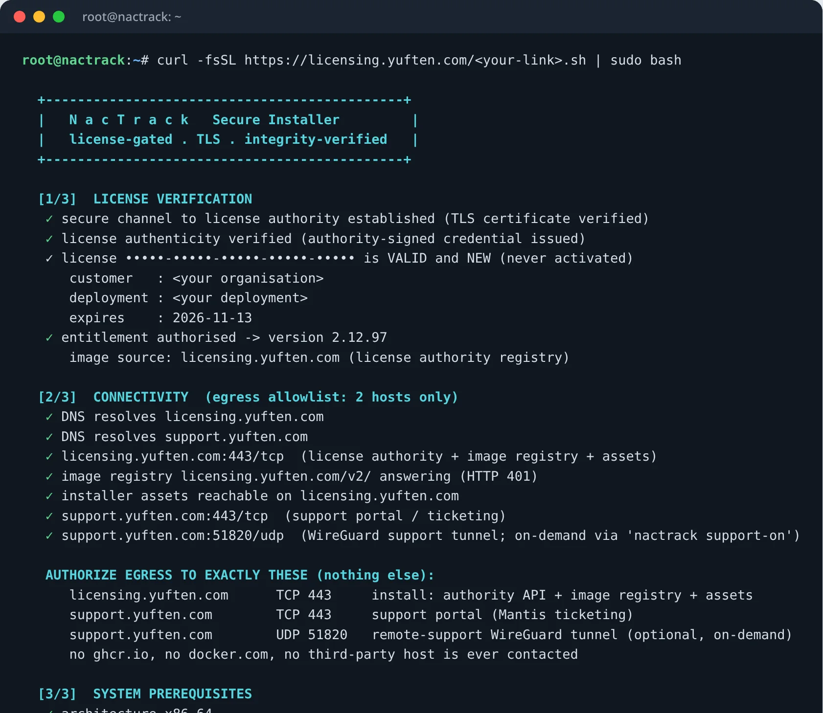The terminal during installation: licence, network and machine checks before anything changes.