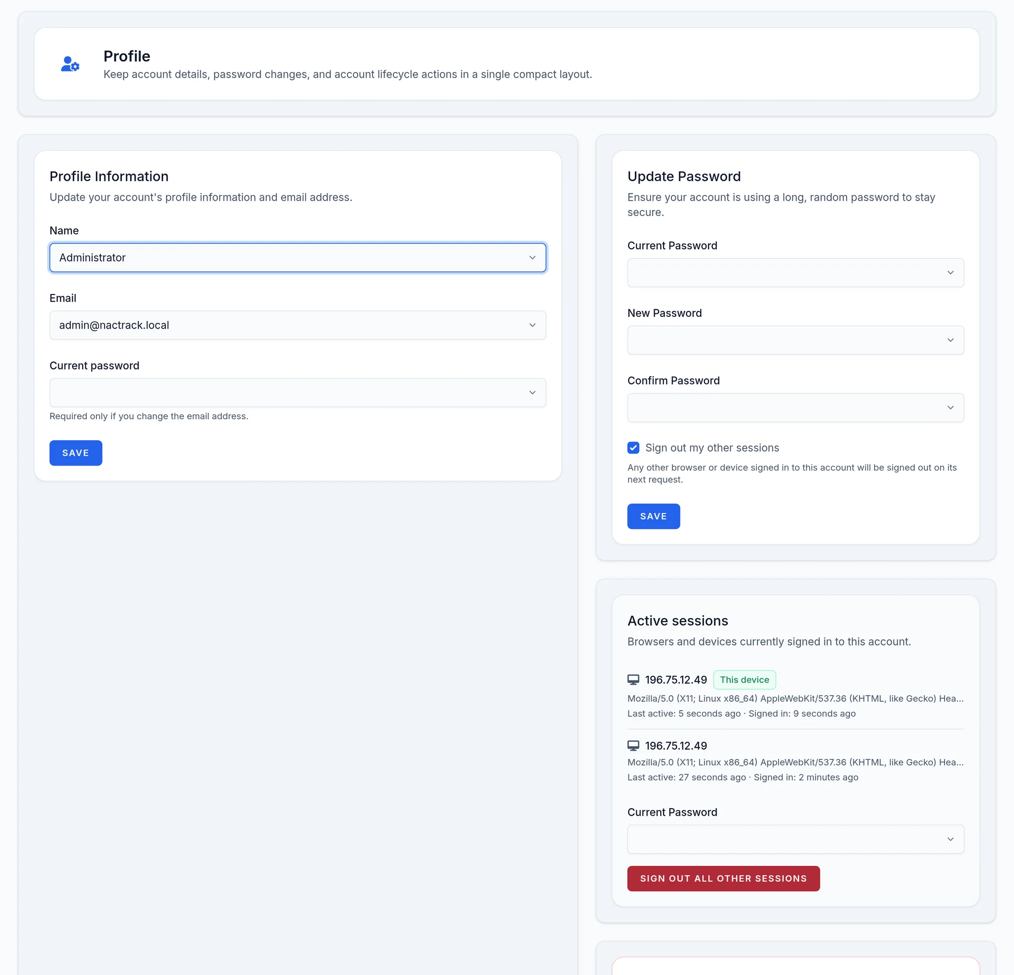 The Profile page, with the password section.