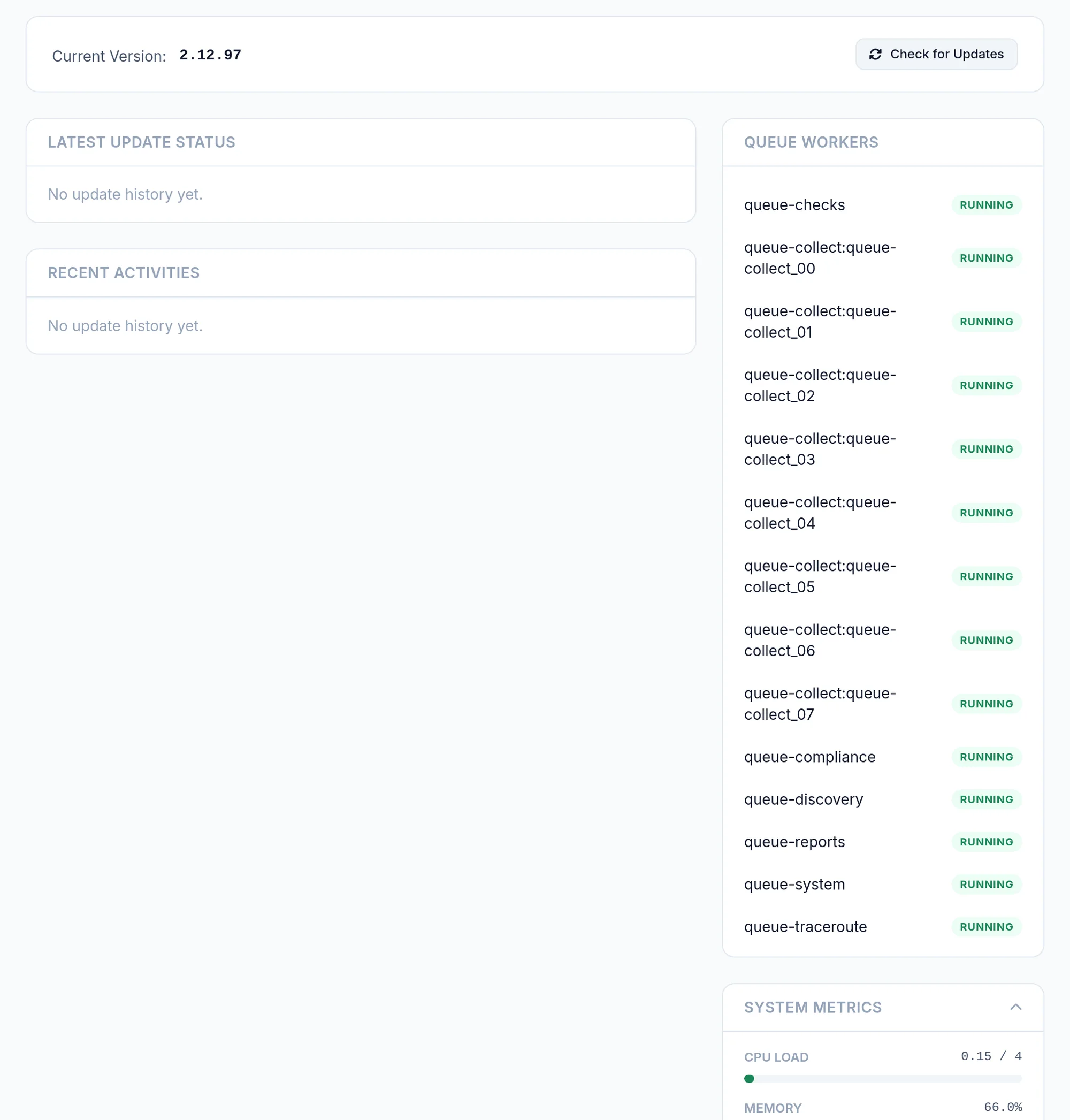 The Updates and Status page.
