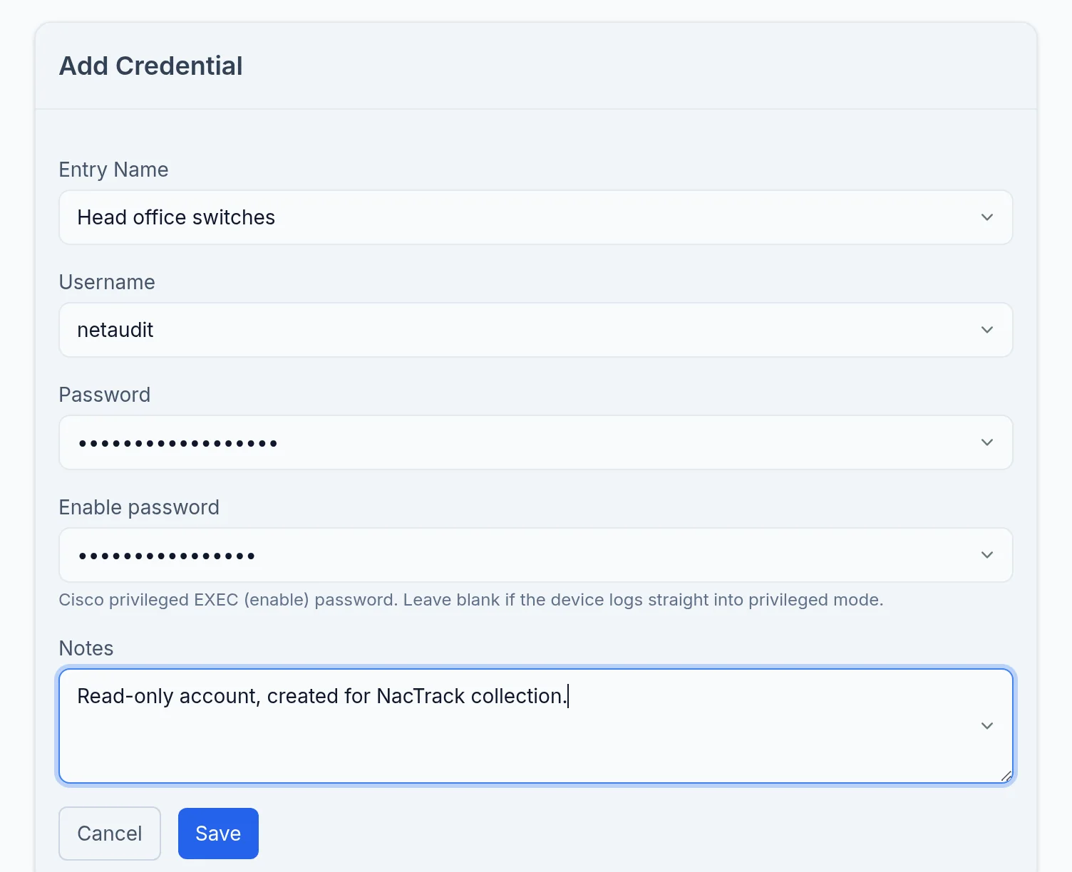 The Add Credential form filled with an example.