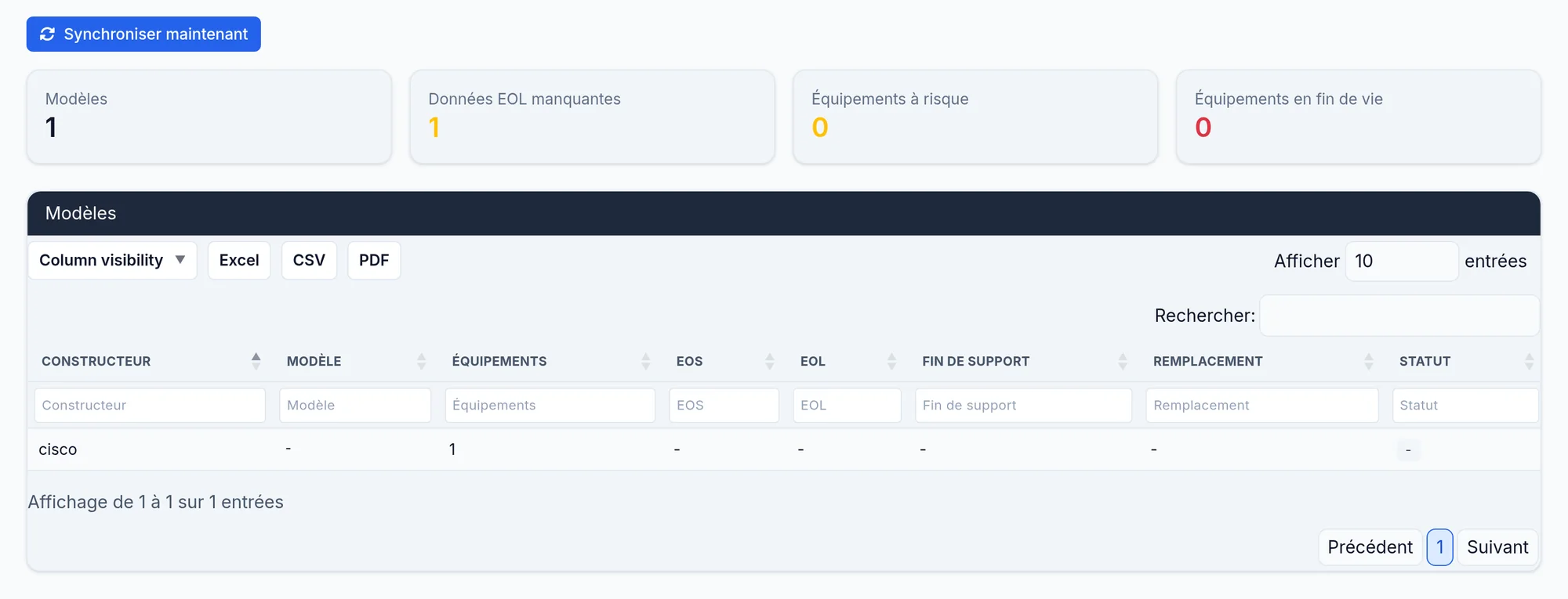 La page Cycle de vie EOL et le bouton Synchroniser maintenant.