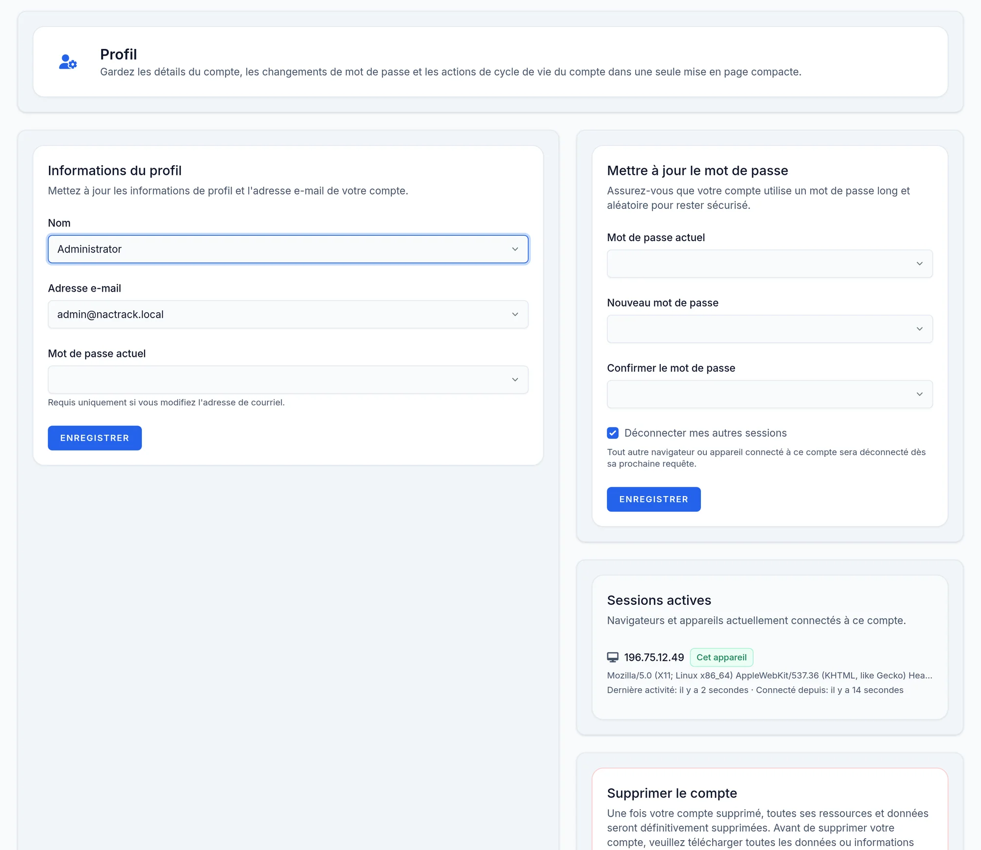 La page Profil, avec la section du mot de passe.