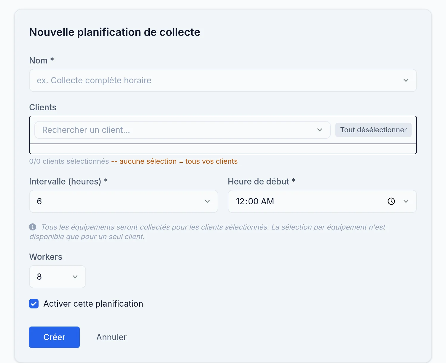 Le formulaire Nouvelle planification de collecte.