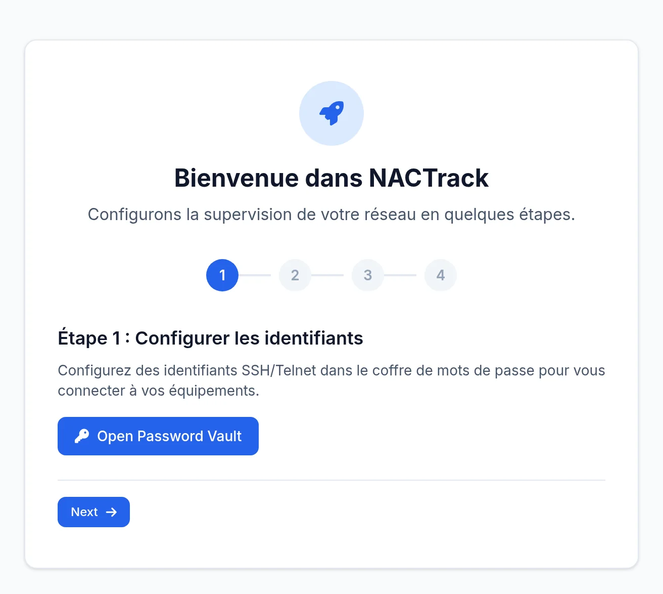 La page Bienvenue dans NACTrack et ses quatre étapes.